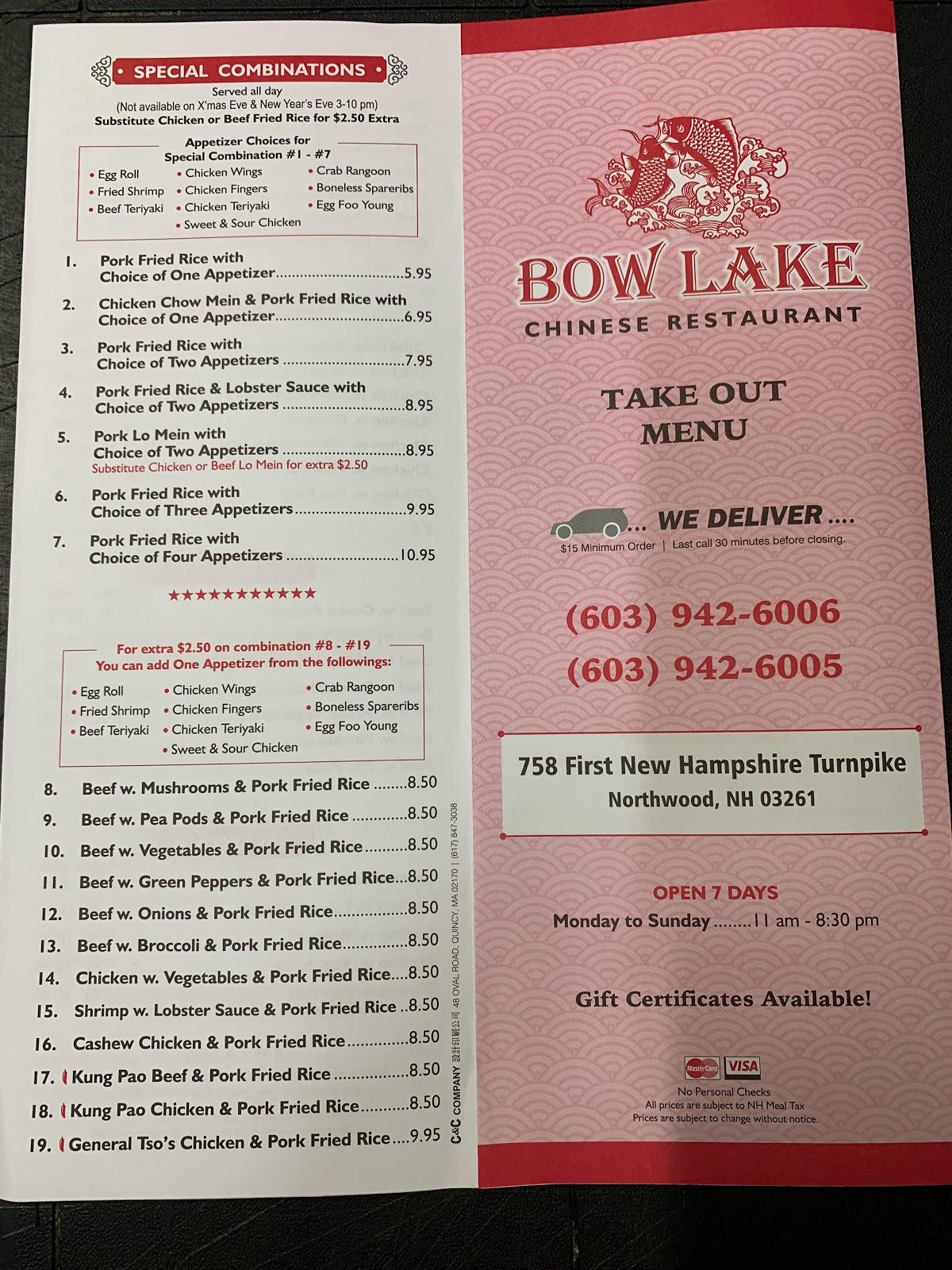 Menu at Bow Lake Chinese Restaurant, Northwood, 758 1st New Hampshire
