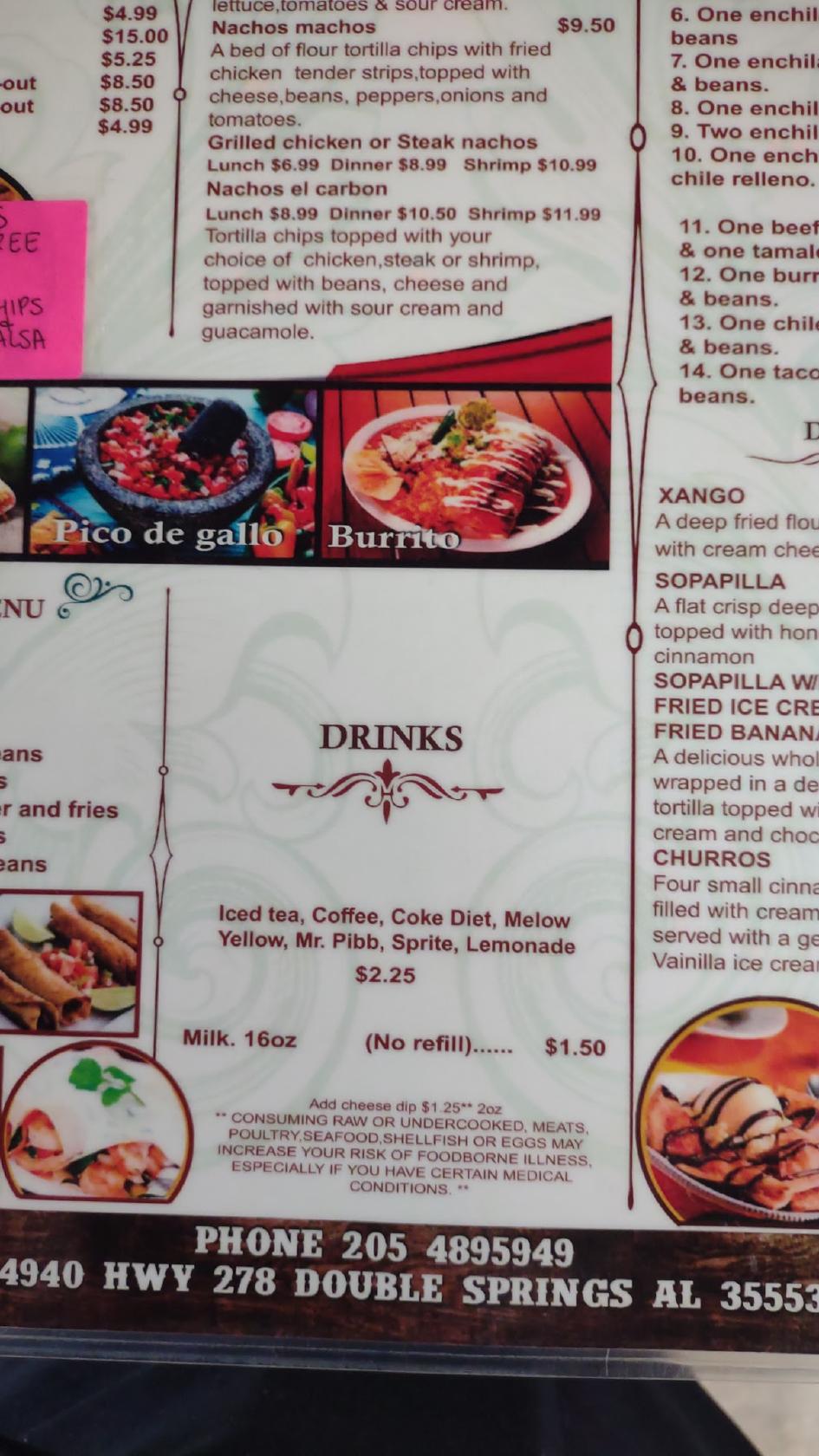 Menu at Buena Vista restaurant, Double Springs