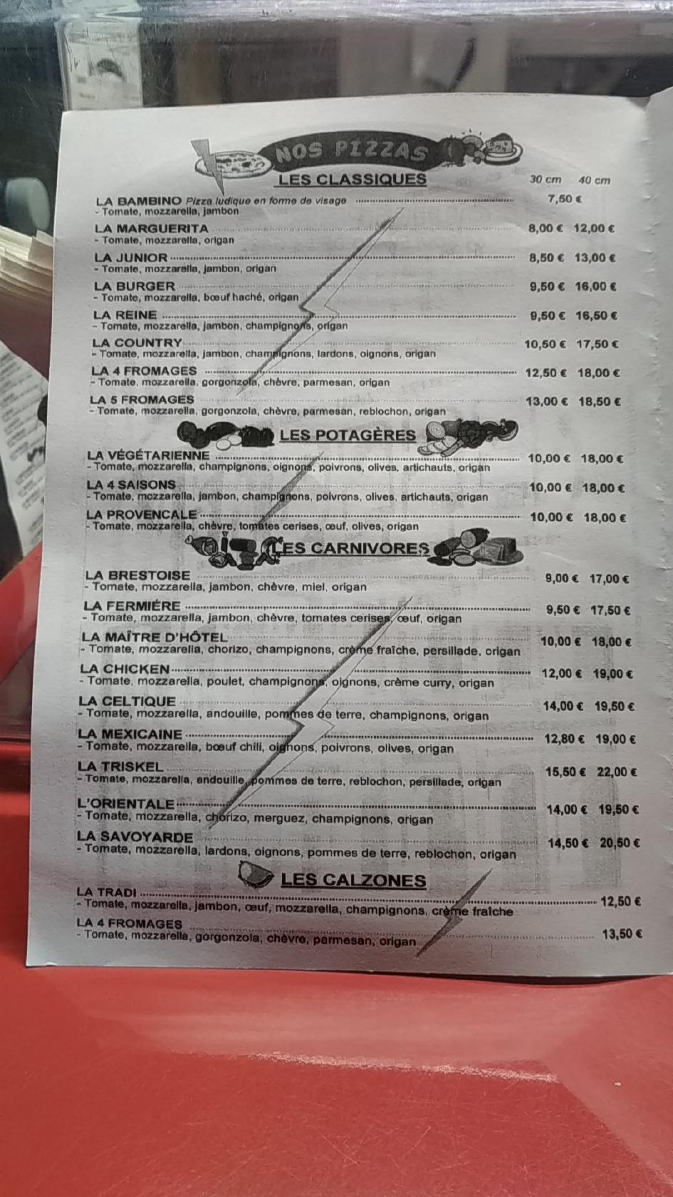 Menu au Flash Pizzas pizzeria, Quimperlé