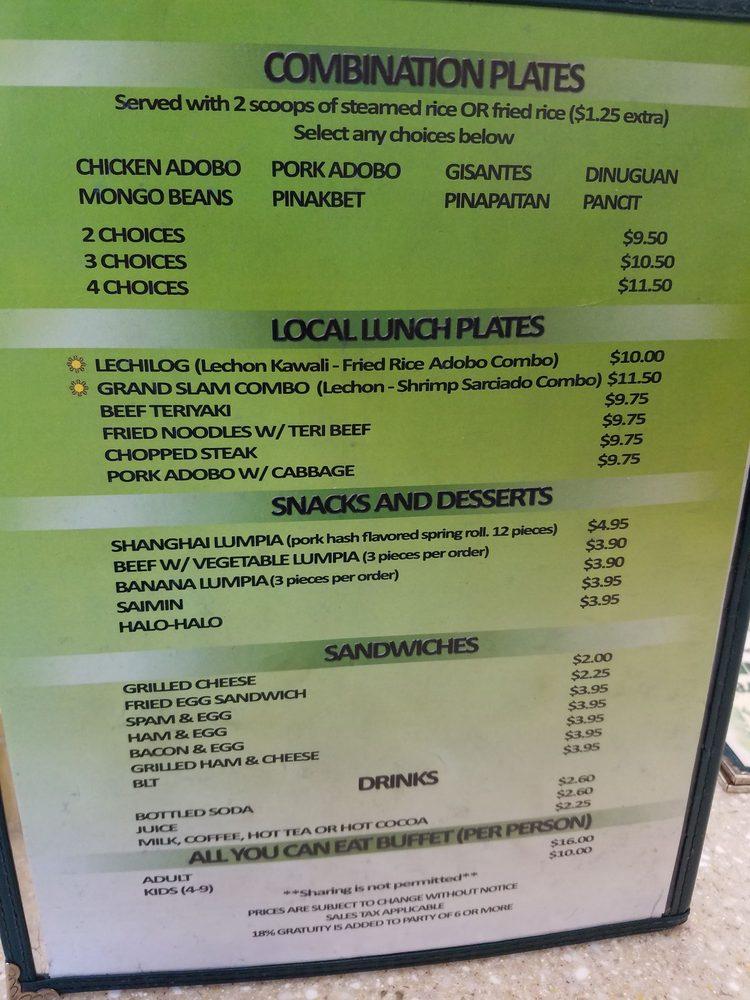 Menu at Julie'Z restaurant, Kapolei