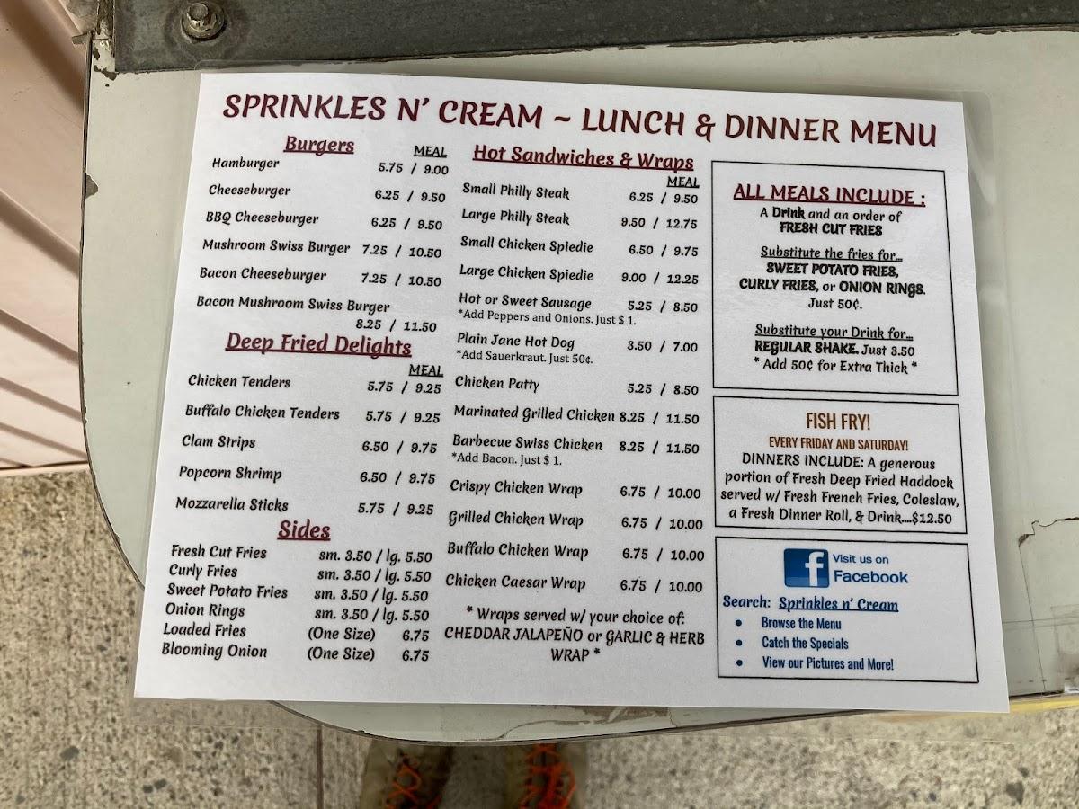 Menu at Sprinkles 'n Cream restaurant, Otego