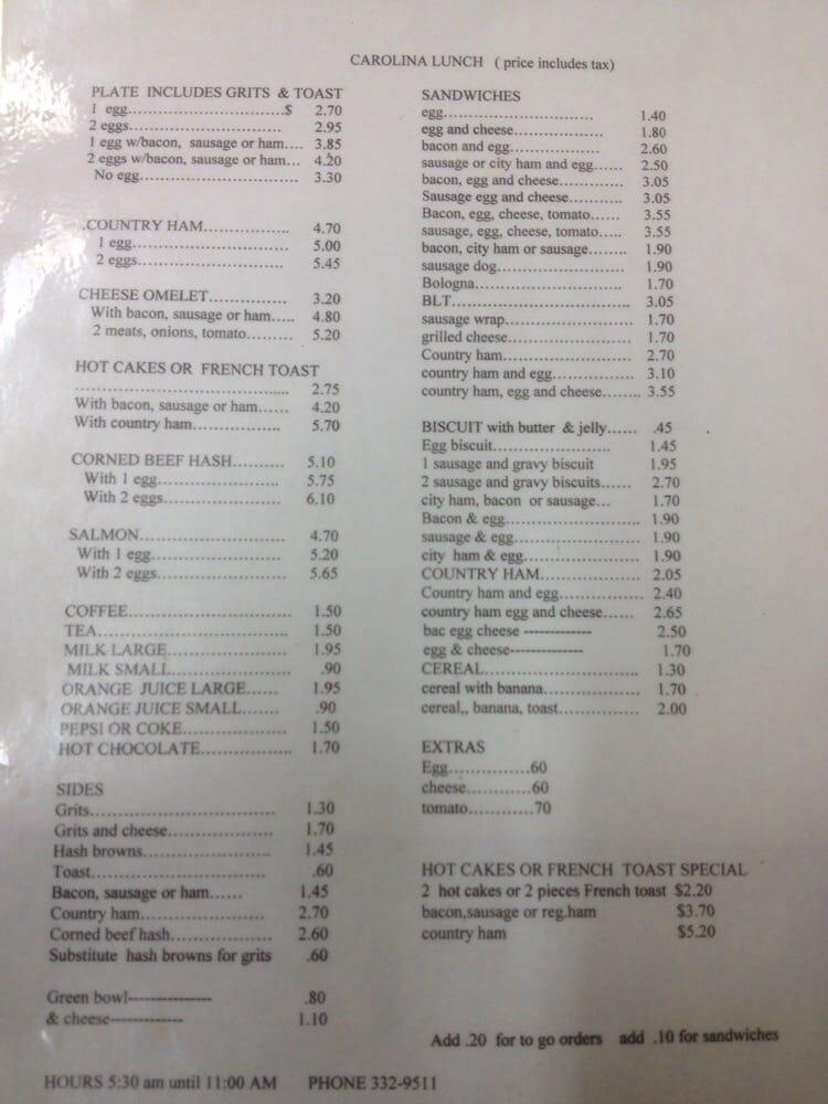 Menu at Carolina Lunch fast food, Hartsville
