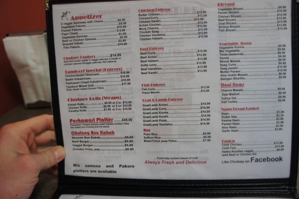 Menu at Chutney ( West ) Restaurant, Edmonton