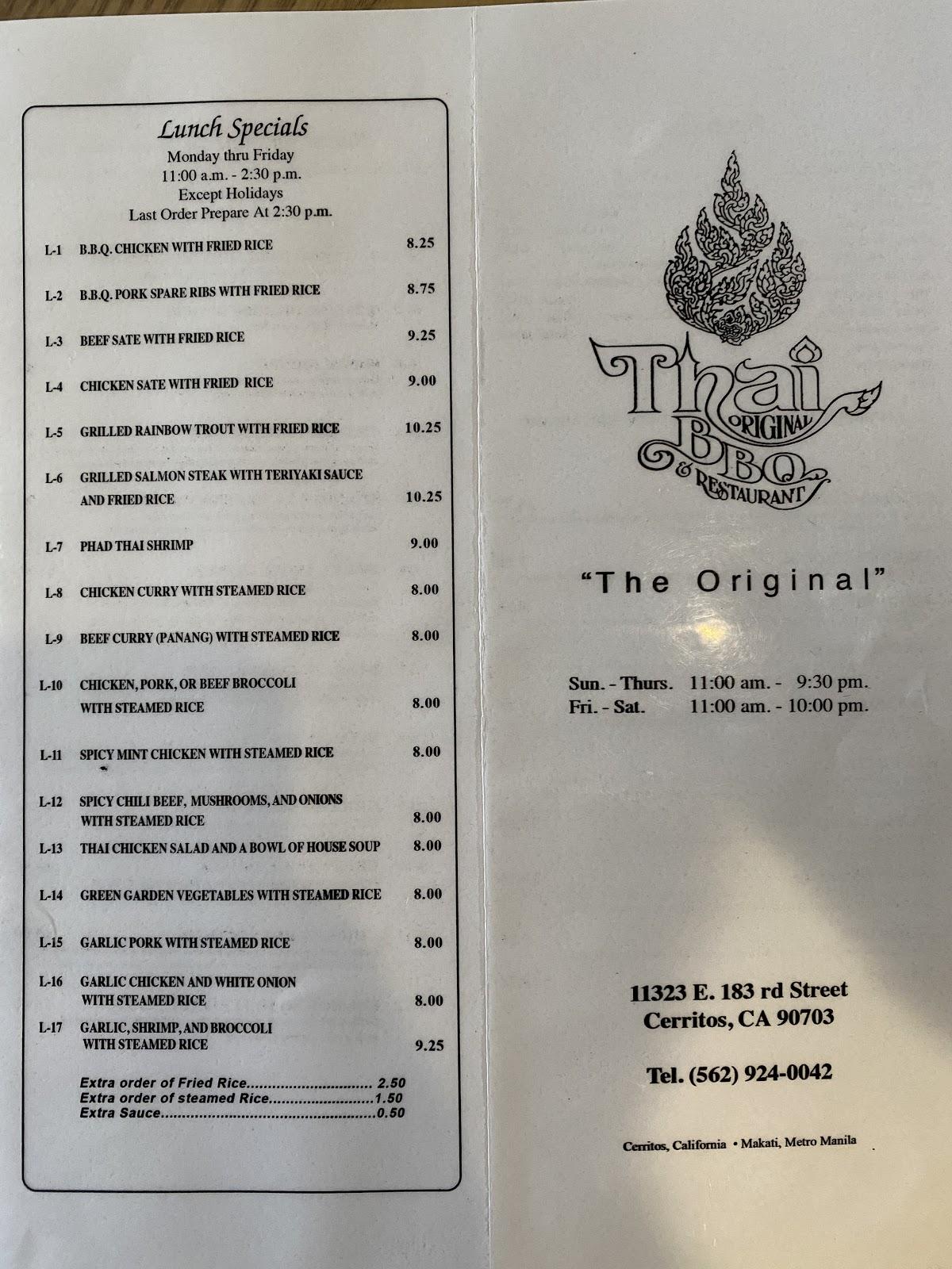 Menu At Thai Original Bbq Restaurant Cerritos