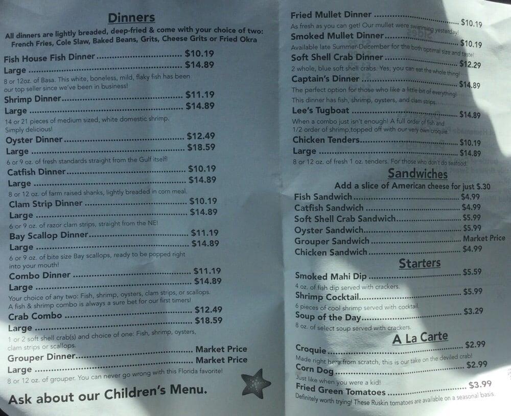 Menu at The Fish House restaurant, Ruskin, W Shell Point Rd