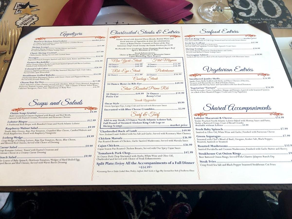 Menu at Top Of Binion's Steakhouse, Las Vegas