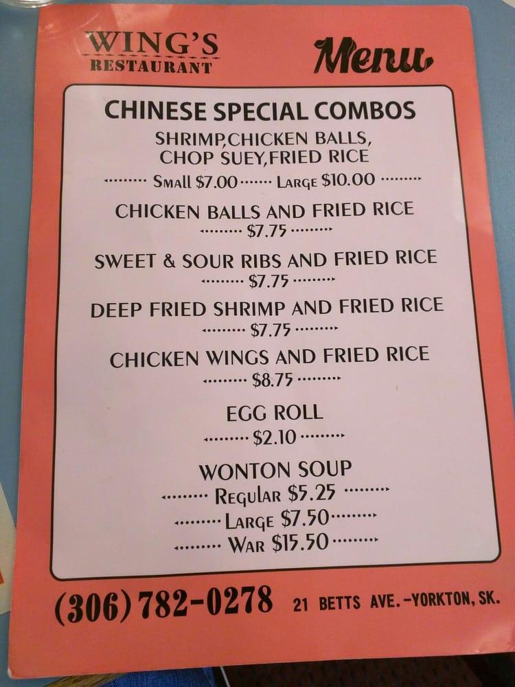 Menu at Wing's Restaurant, Yorkton