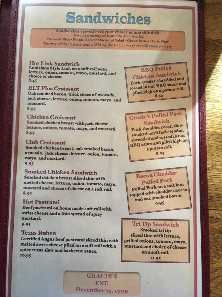 Menu at Gracie's BBQ, Vallejo