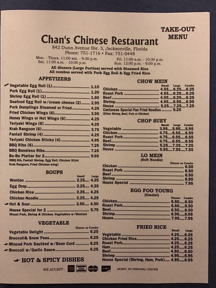 Menu at Chan's Chinese Restaurant, Jacksonville, 842 Dunn Ave 3