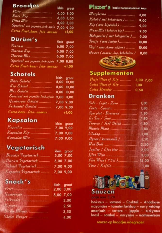Menu at Pitta Yasin, Bruges