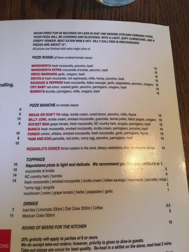 Menu at Mission Pizza Napoletana pizzeria, WinstonSalem