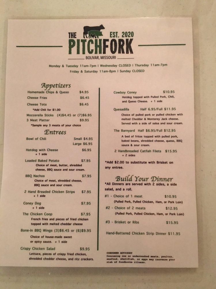 Menu at The Pitchfork Restaurant, Bolivar