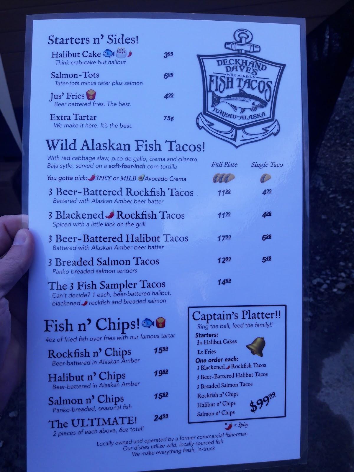 Menu at Deckhand Dave's Fish Tacos restaurant, Juneau, 139 S Franklin St