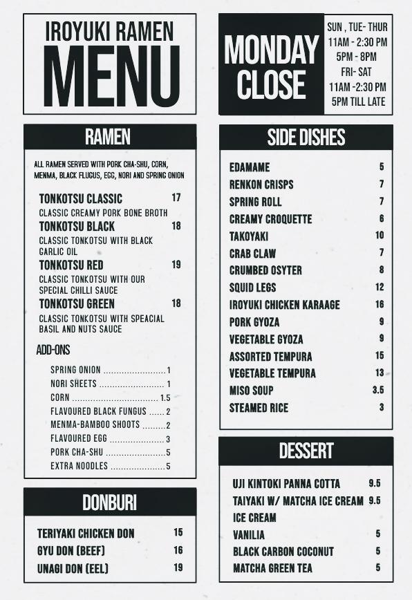 Menu at IROYUKI Ramen Bar, Kingston