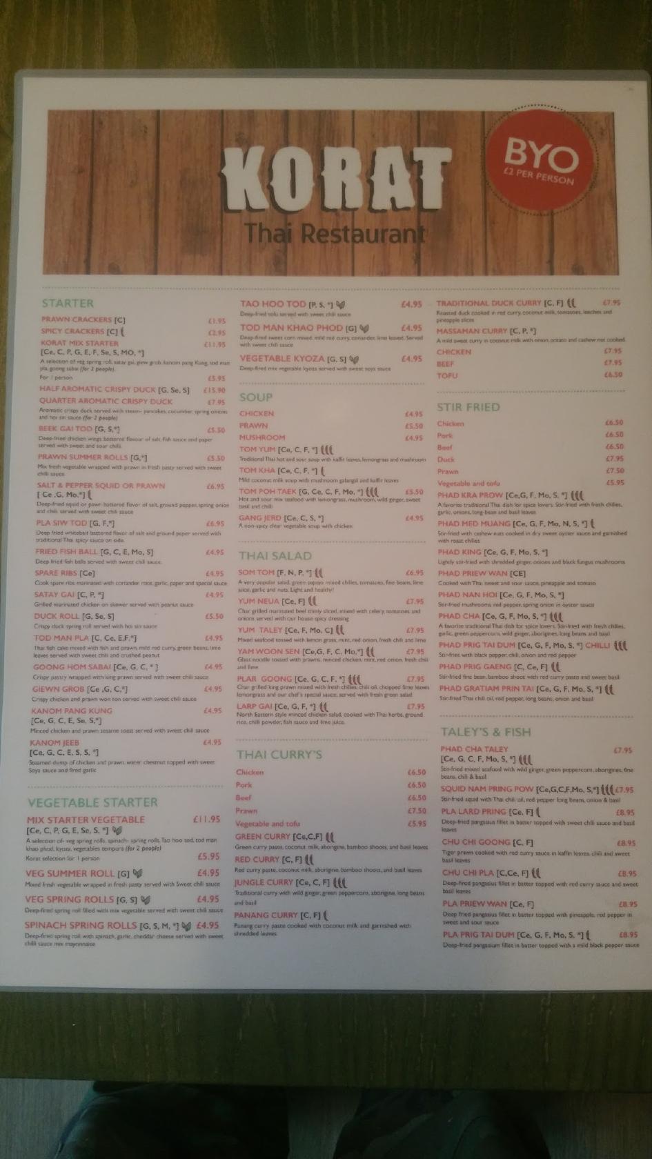 Menu At Korat Thai Cafe London