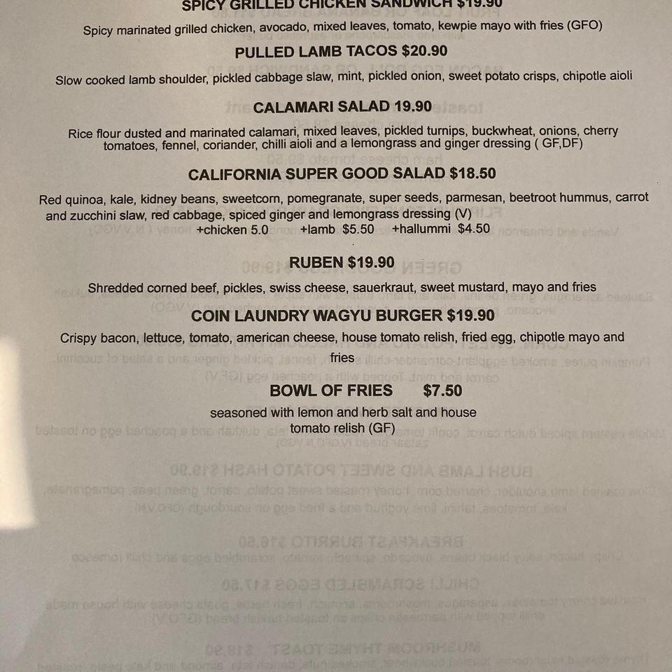 Menu at Coin Laundry Cafe, Armadale
