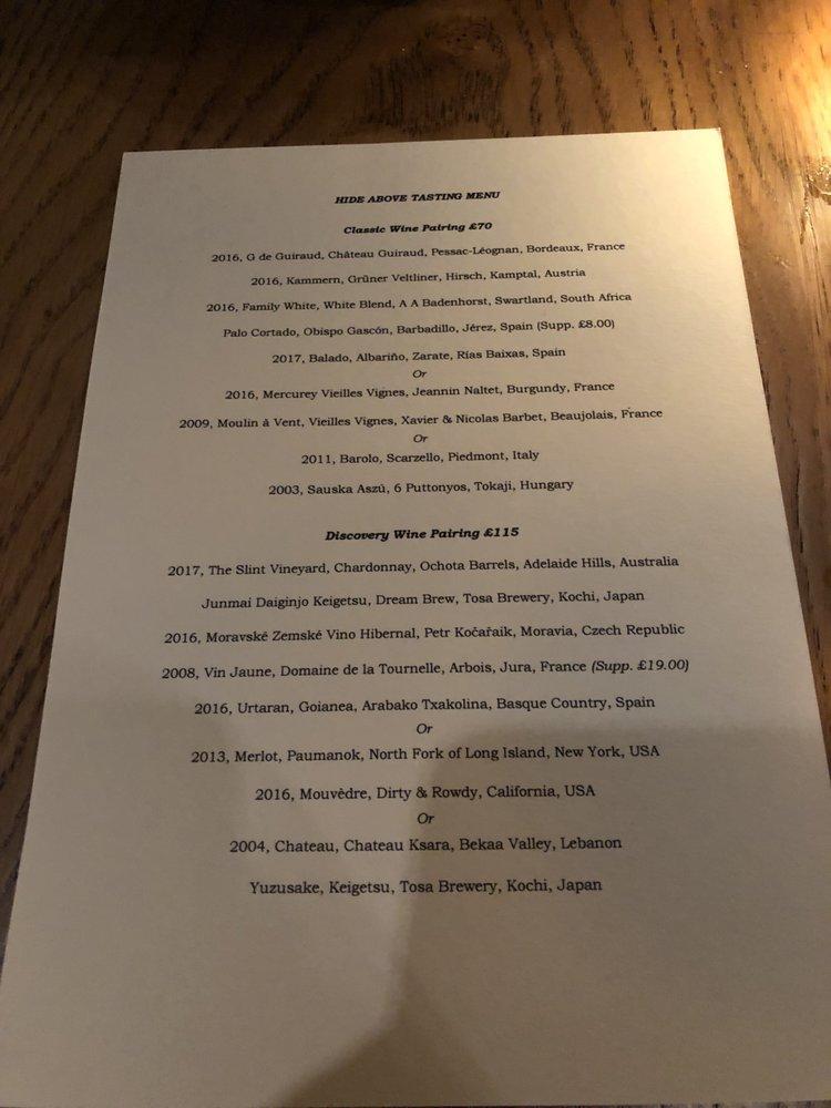 Menu at HIDE pub & bar, London, 85 Piccadilly