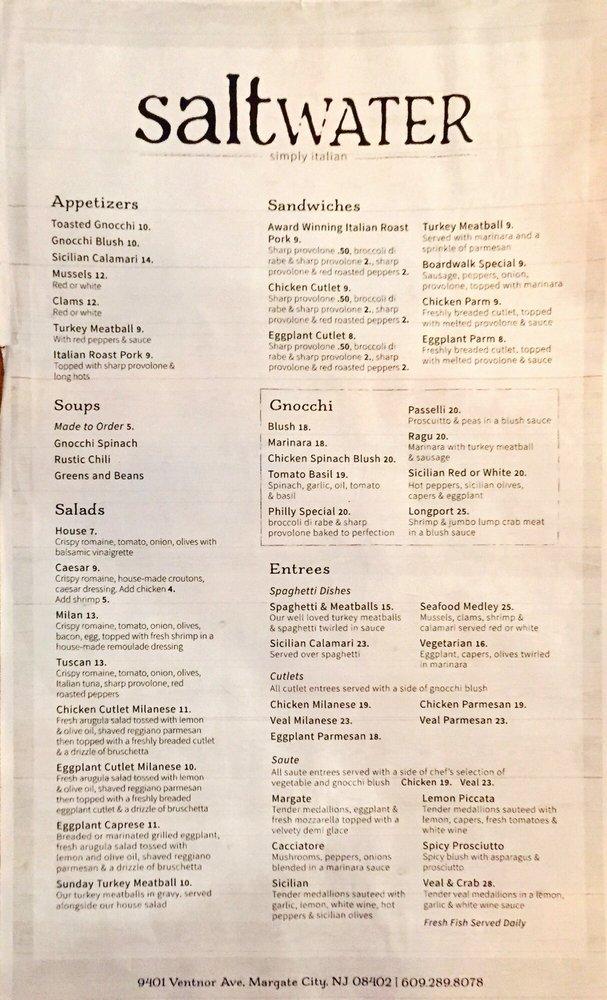 Menu at Saltwater restaurant, Margate City