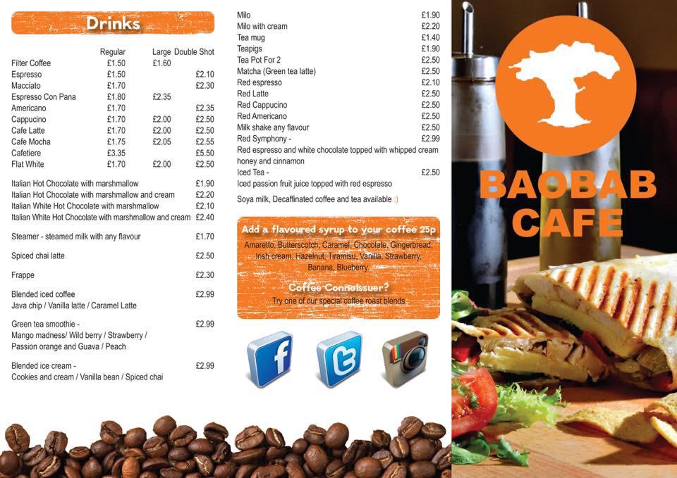 Menu at Baobab Cafe, Loughborough