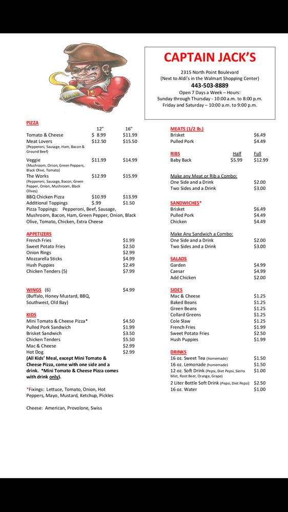Menu at Captain Jack's BBQ, Dundalk