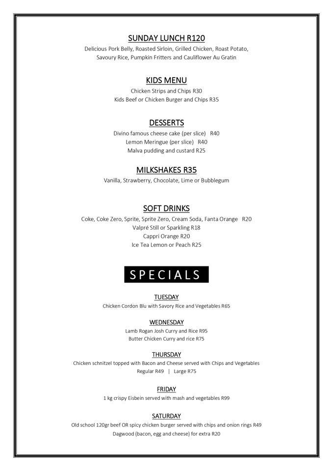 Menu at Food Space restaurant, Port Elizabeth, 16 Buffelsfontein Rd