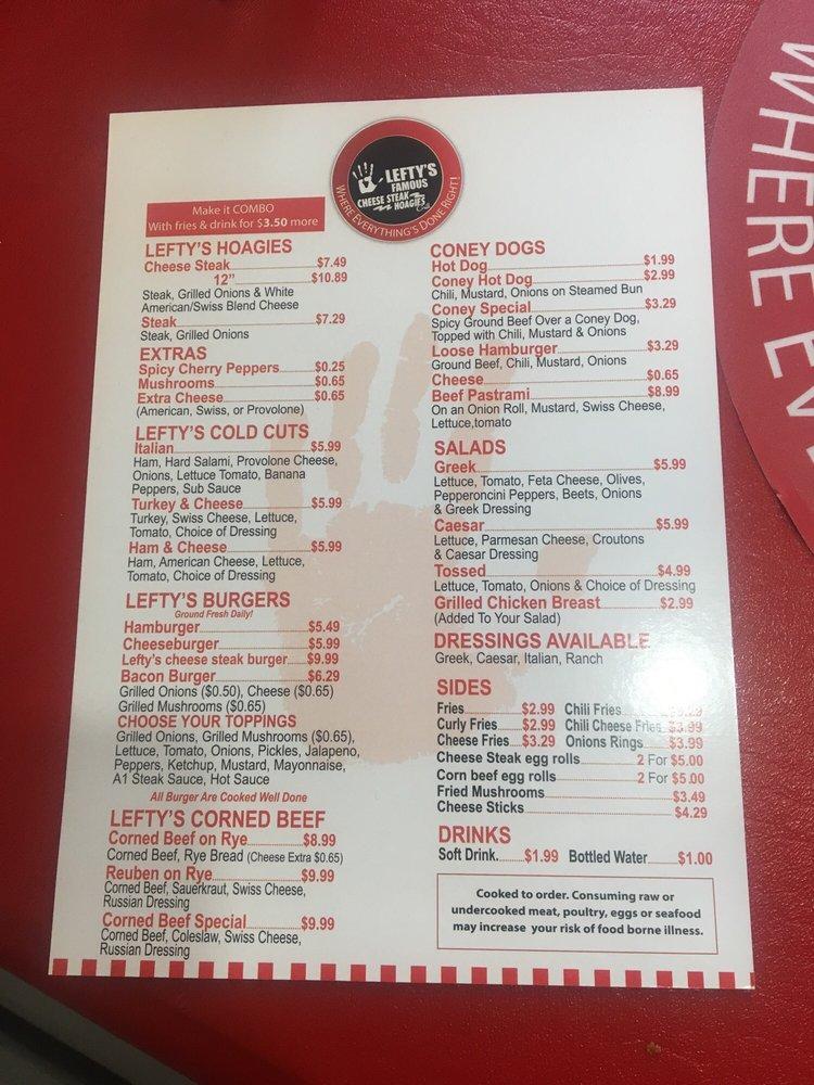 Menu at Lefty's Cheesesteaks restaurant, Ypsilanti, Carpenter Rd