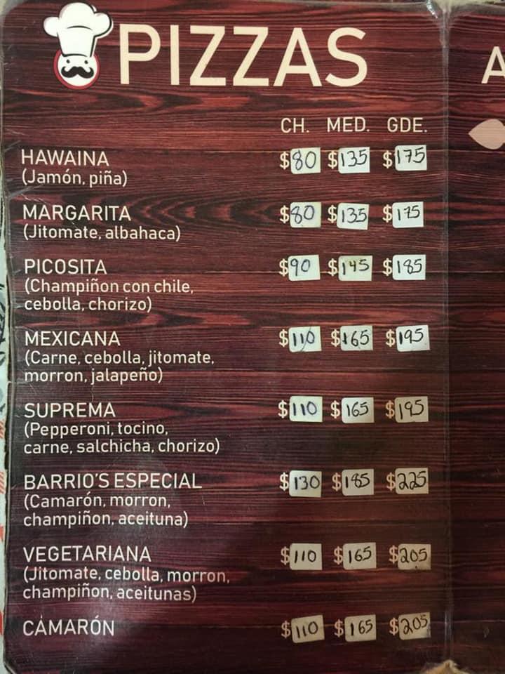 Menu at Barrio's Pizzeria, Higuera Blanca