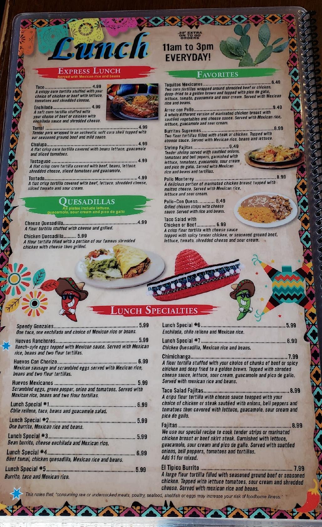 Menu at La Fiesta Mexican Restaurant, Rocky Top