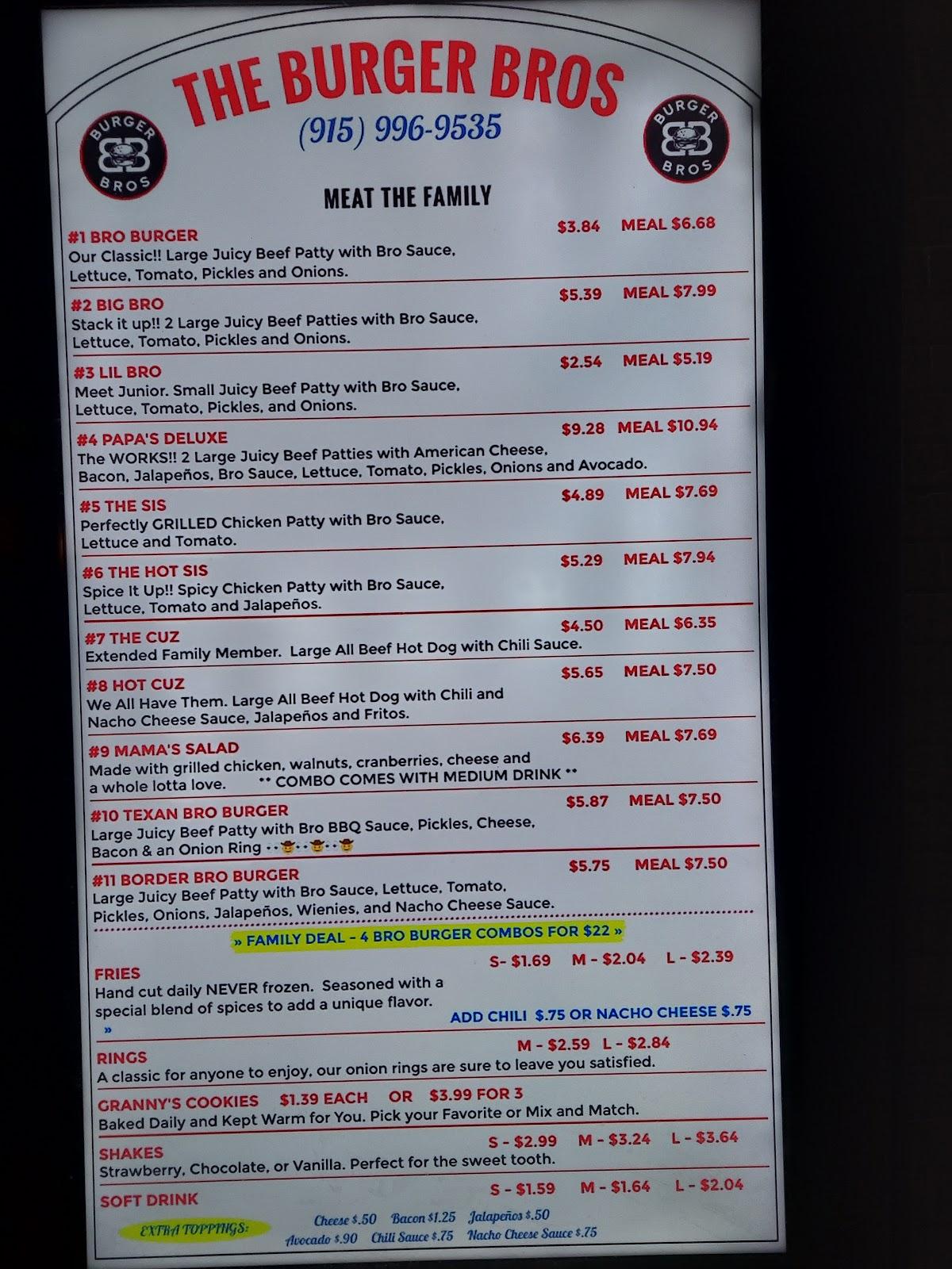 Menu at BURGER BROS restaurant, El Paso