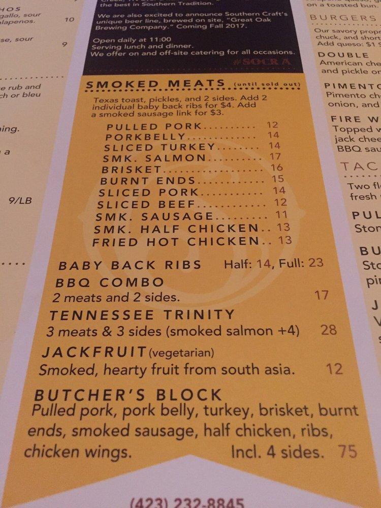 Menu at Southern Craft BBQ, Johnson City