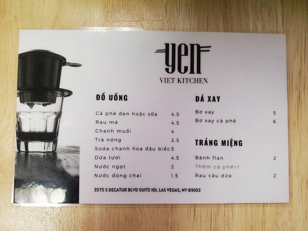 Menu at YEN Viet Kitchen restaurant, Las Vegas