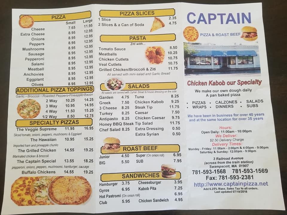 Menu at Captain Pizza & Roast Beef pizzeria, Swampscott, 3 Railroad Ave