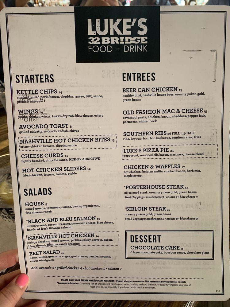 Menu at Luke's 32 Bridge restaurant, Nashville
