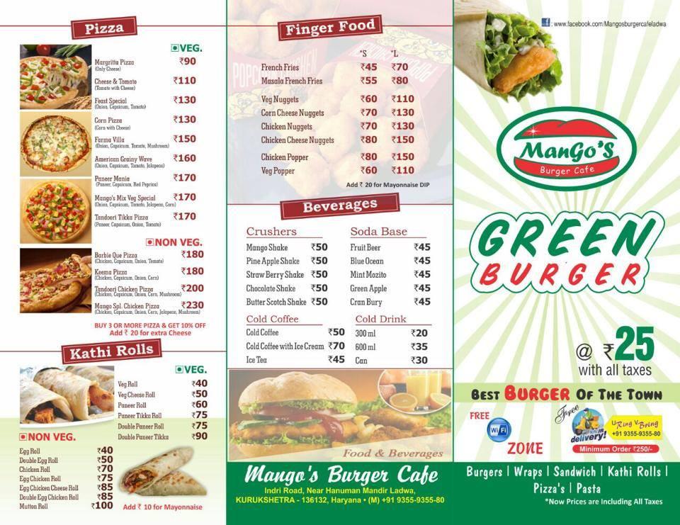 Menu at Mangos burger cafe, Ladwa