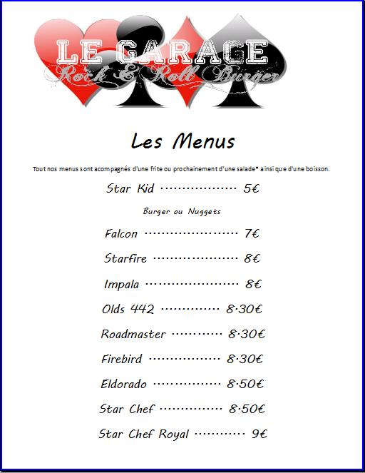 Menu at Le Garage - Rock & Roll Burger restaurant, France