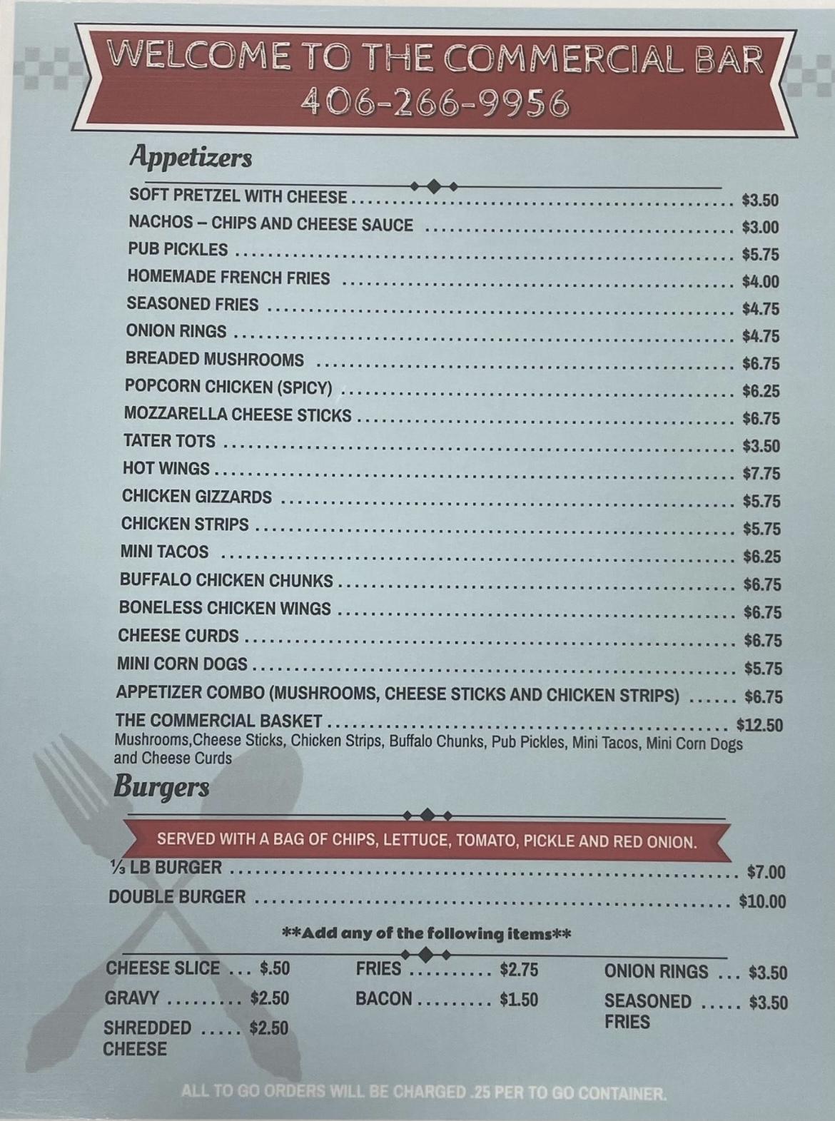 Menu at Commercial Bar, Townsend