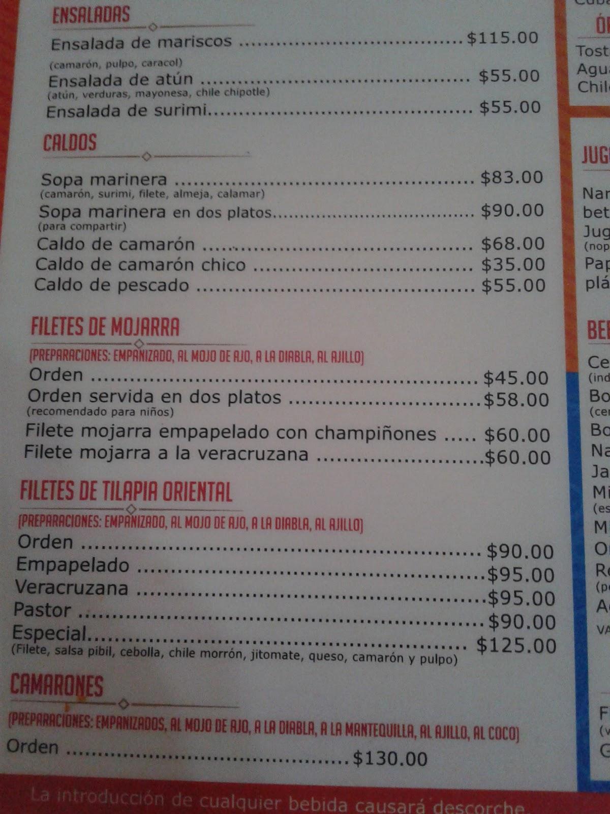 Menu at Las Brisas restaurant, Morelia