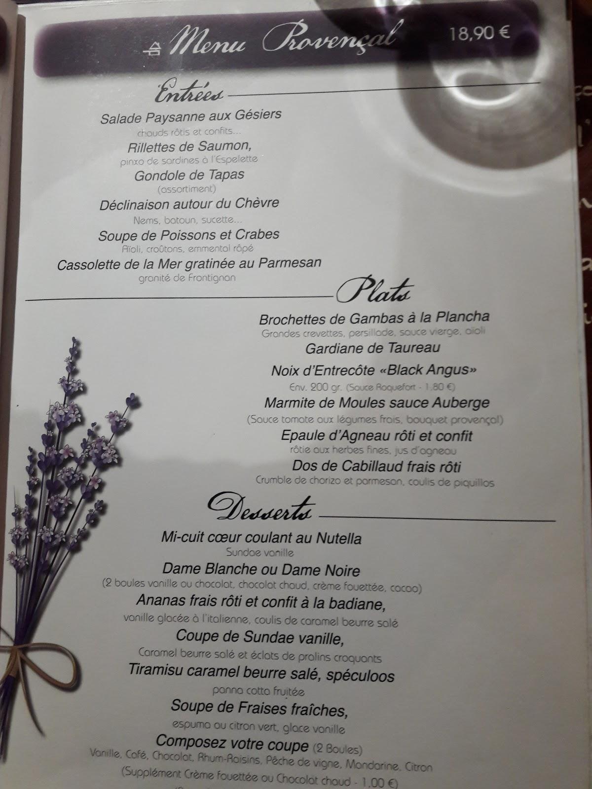 Menu au Auberge Provençale restaurant, ValrasPlage