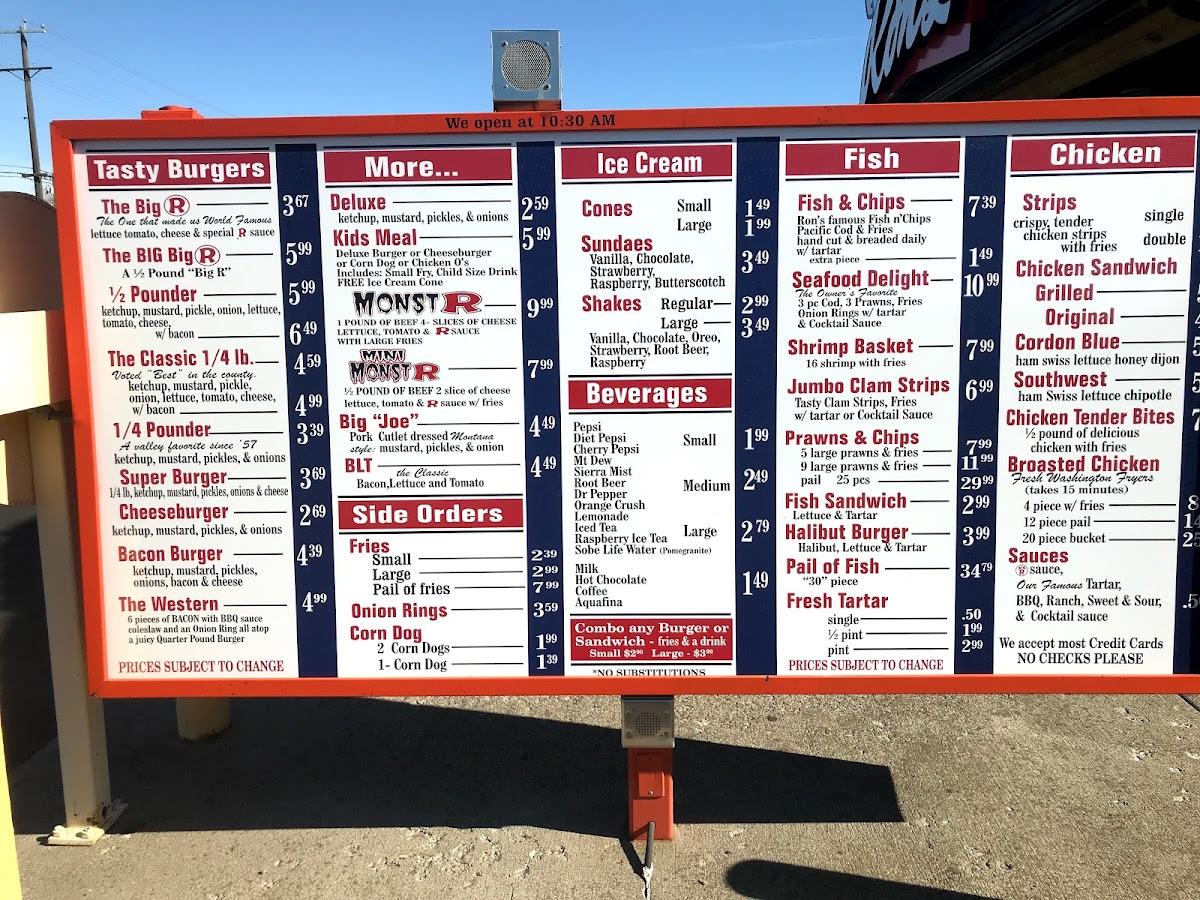 Menu at Ron's DriveIn restaurant, Spokane Valley