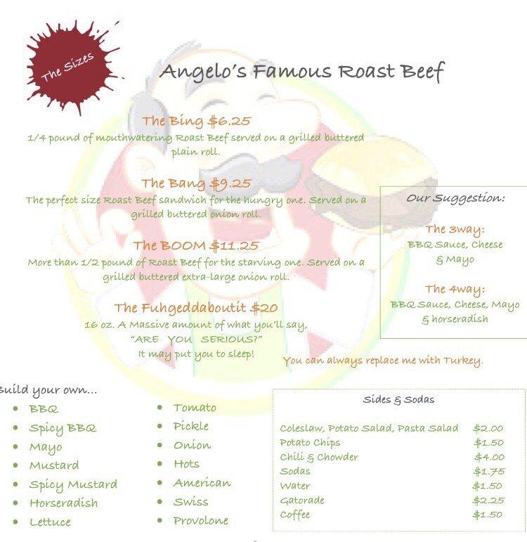 Menu at Angelo's Famous Roast Beef fast food, Plymouth, 5 Main St