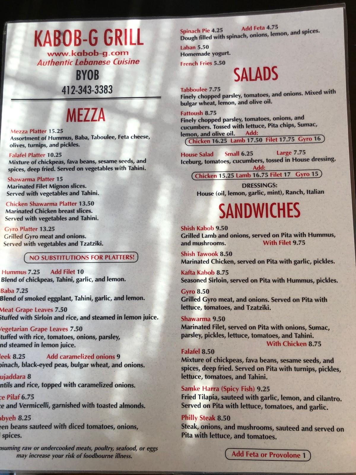 Menu at KabobG Grill restaurant, Castle Shannon