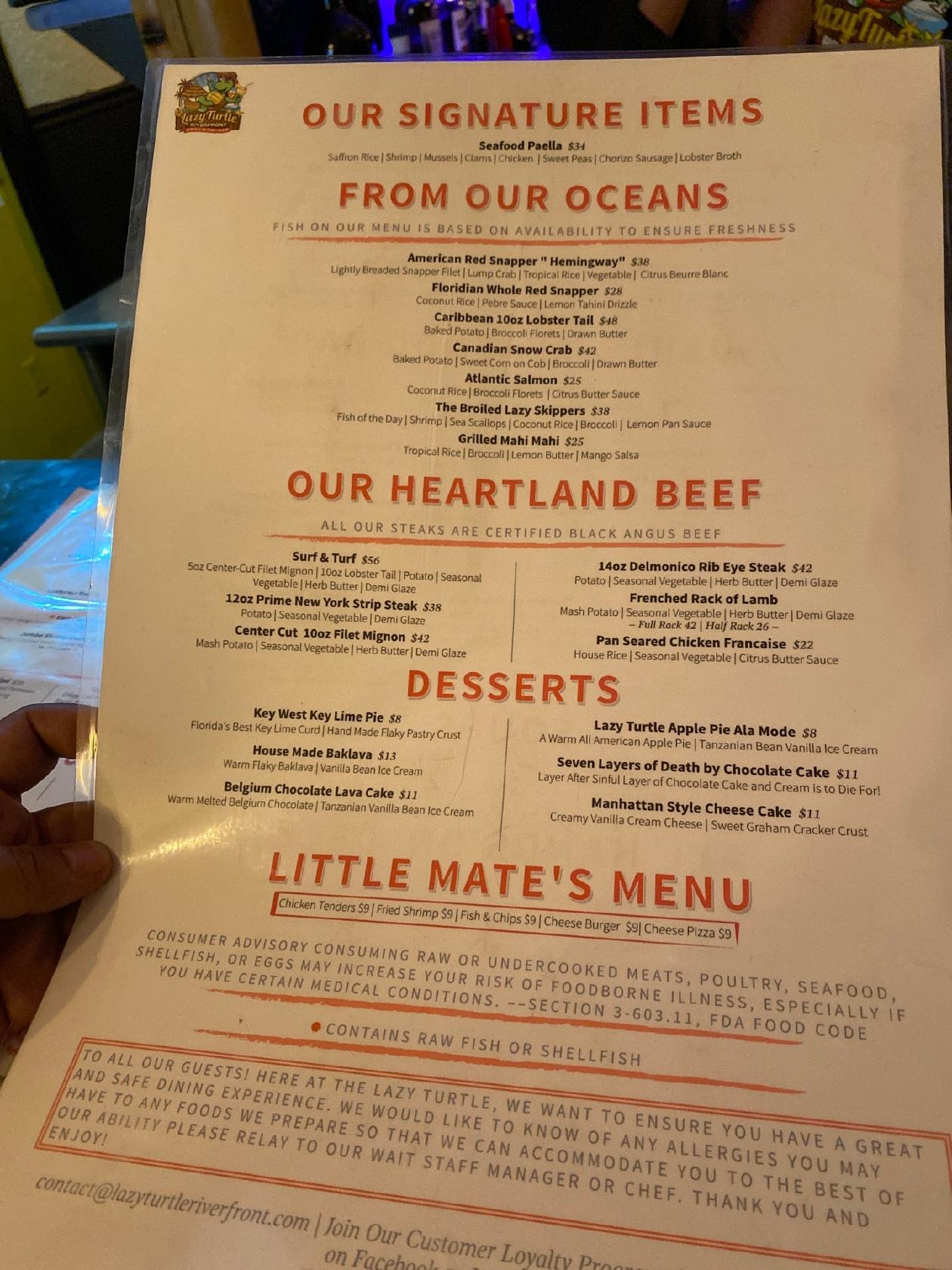 Menu at Lazy Turtle RiverFront Grill & Tiki Bar, Palm Bay