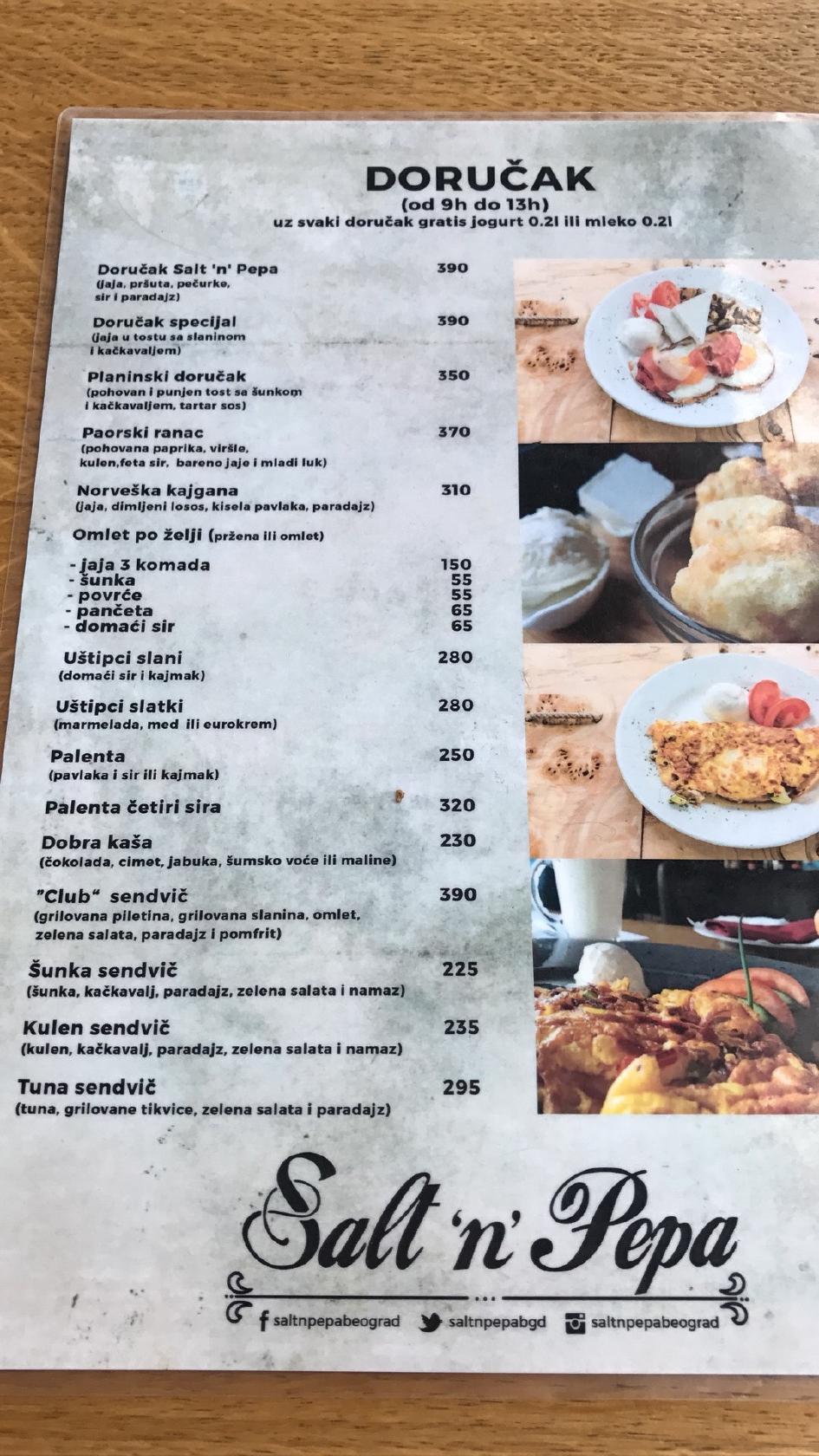 Menu at Salt 'n' Pepa Beograd restaurant, Belgrade