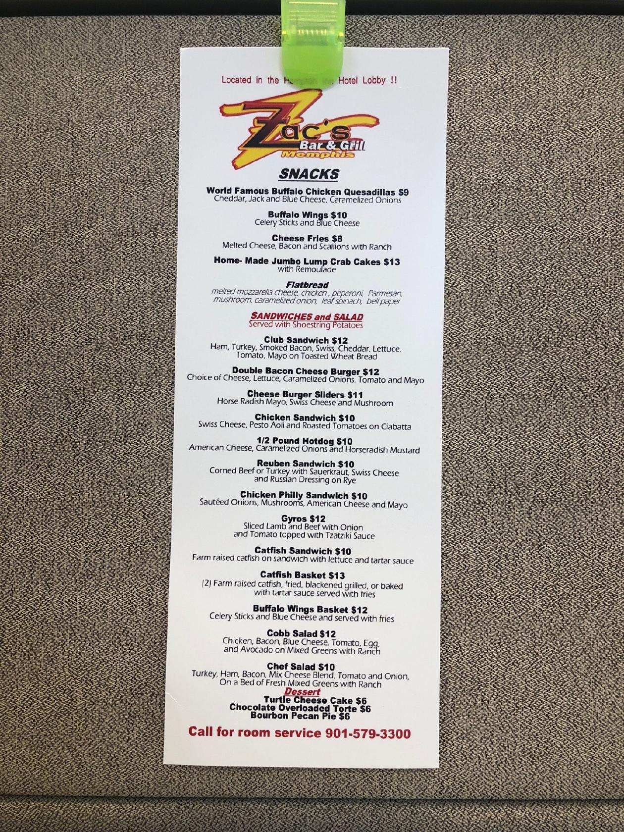 Menu at Zac's Bar & Grill, Memphis