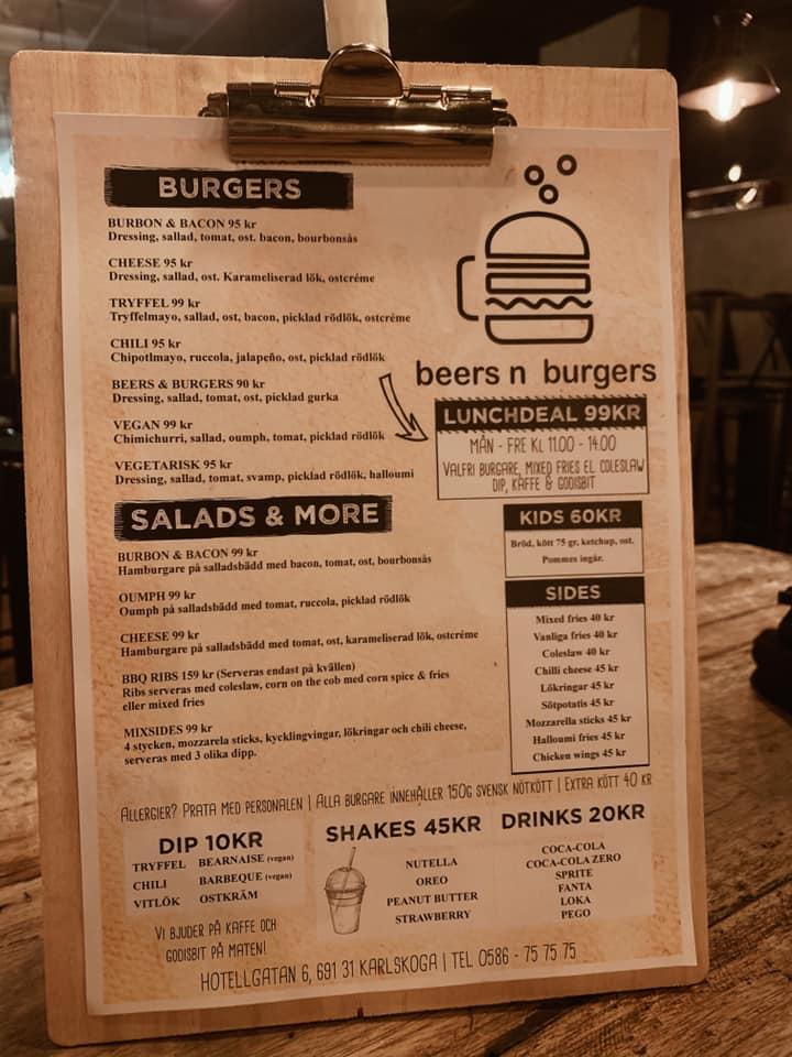 Menu at Beers n burgers restaurant, Karlskoga