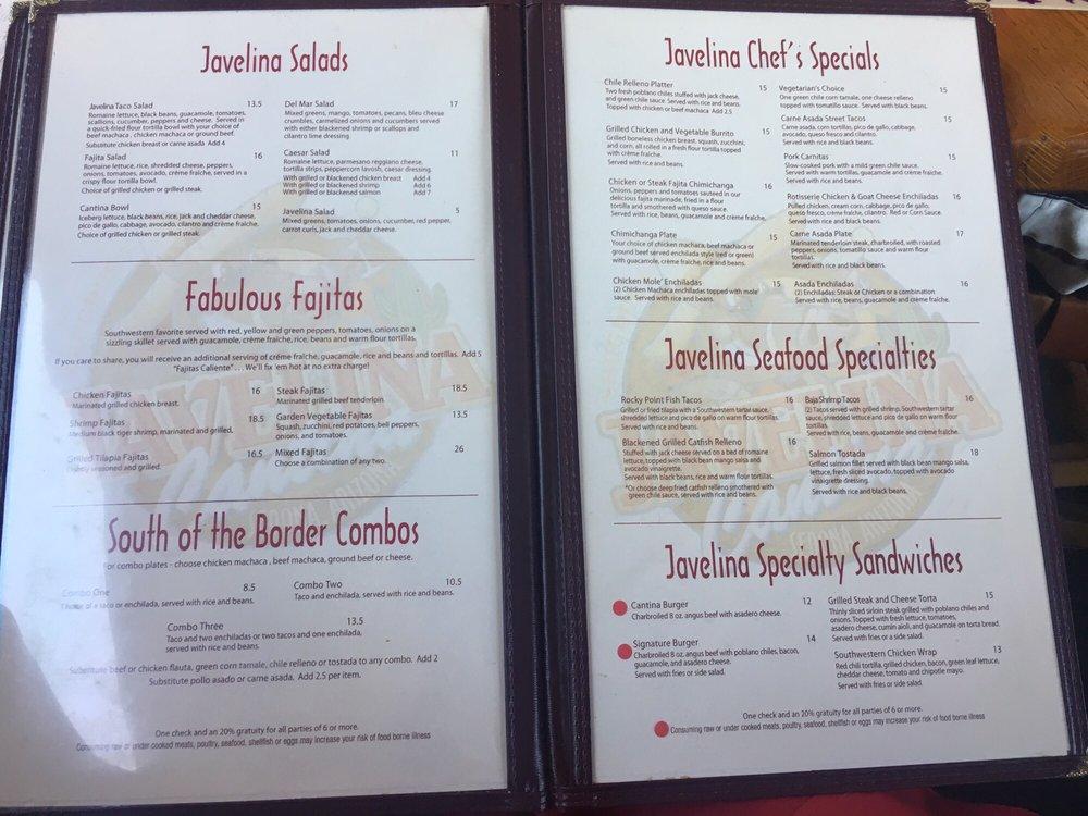 Menu at Javelina Cantina restaurant, Sedona, 671 AZ179