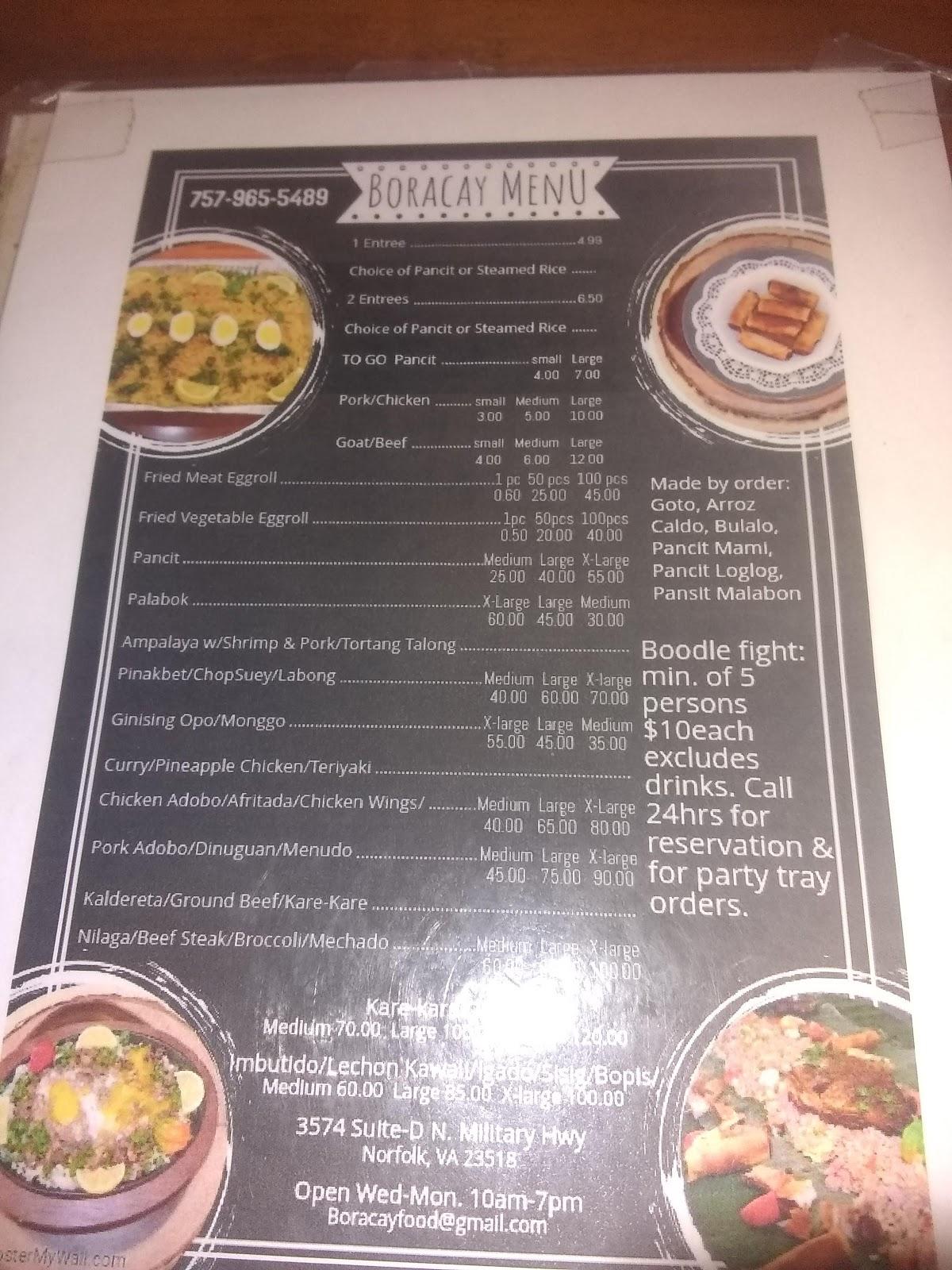 Menu at Boracay Philippine Cuisine restaurant, Norfolk