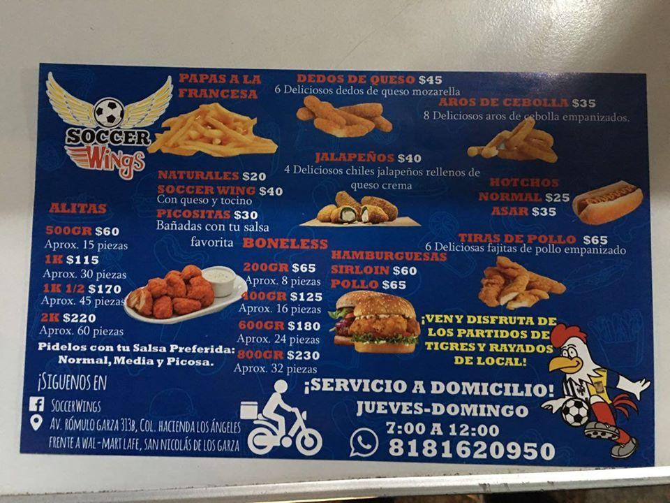 Carta del restaurante Soccer Wings, Guadalupe