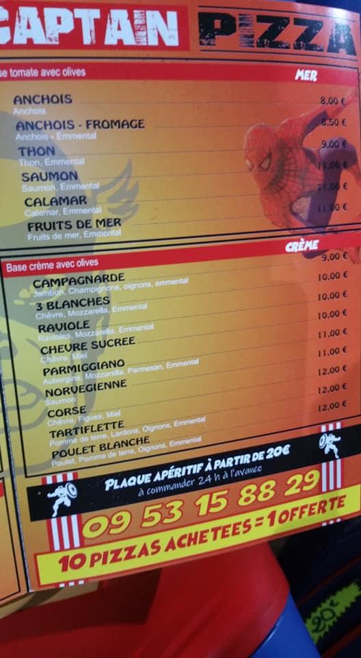 Menu at Captain Pizza restaurant, Châteauneuf-du-Pape