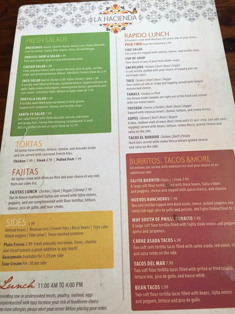Menu at La Hacienda restaurant, Dover, S Bay Rd